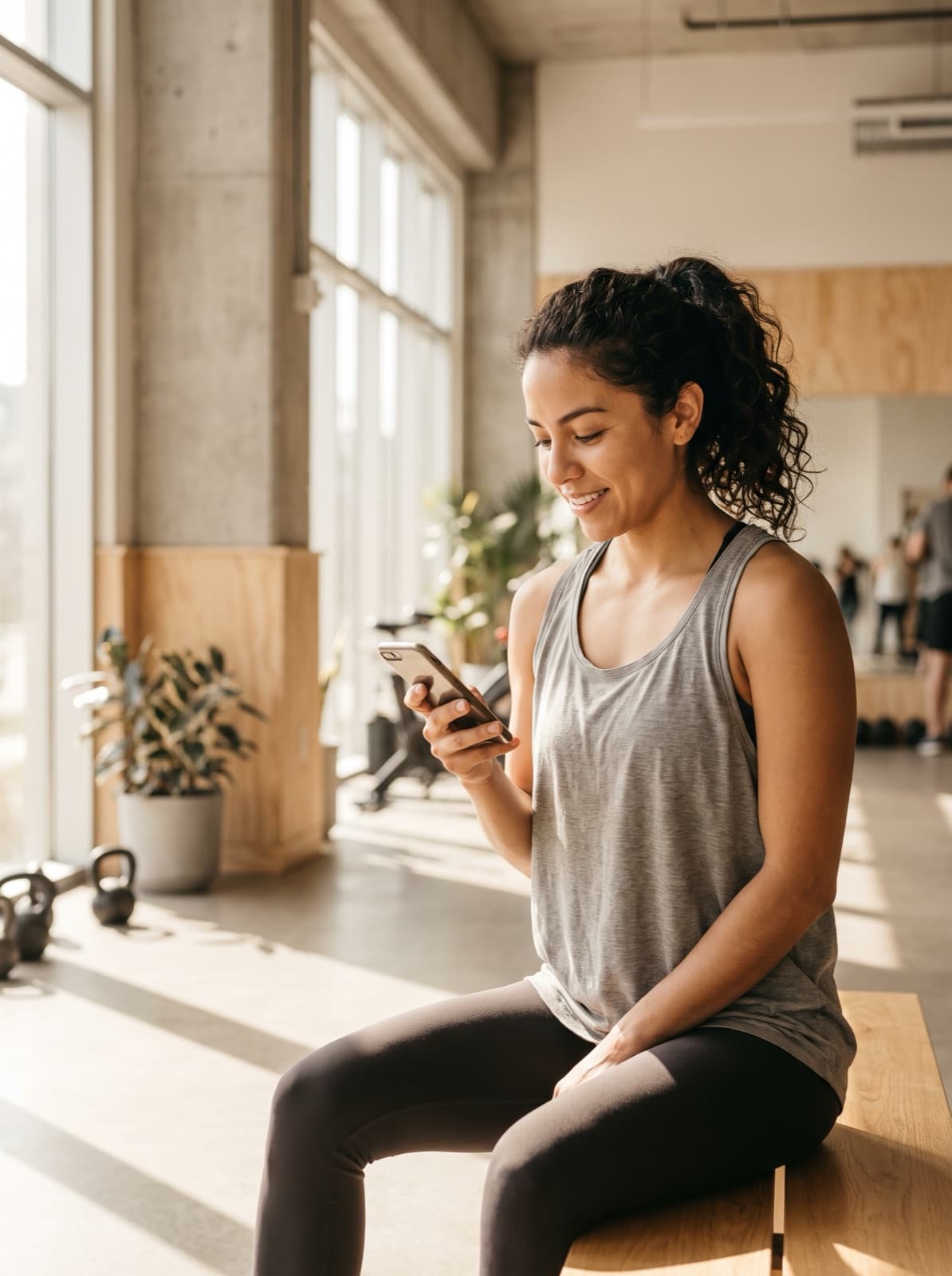 Mujer revisando su teléfono entre series en un gimnasio luminoso